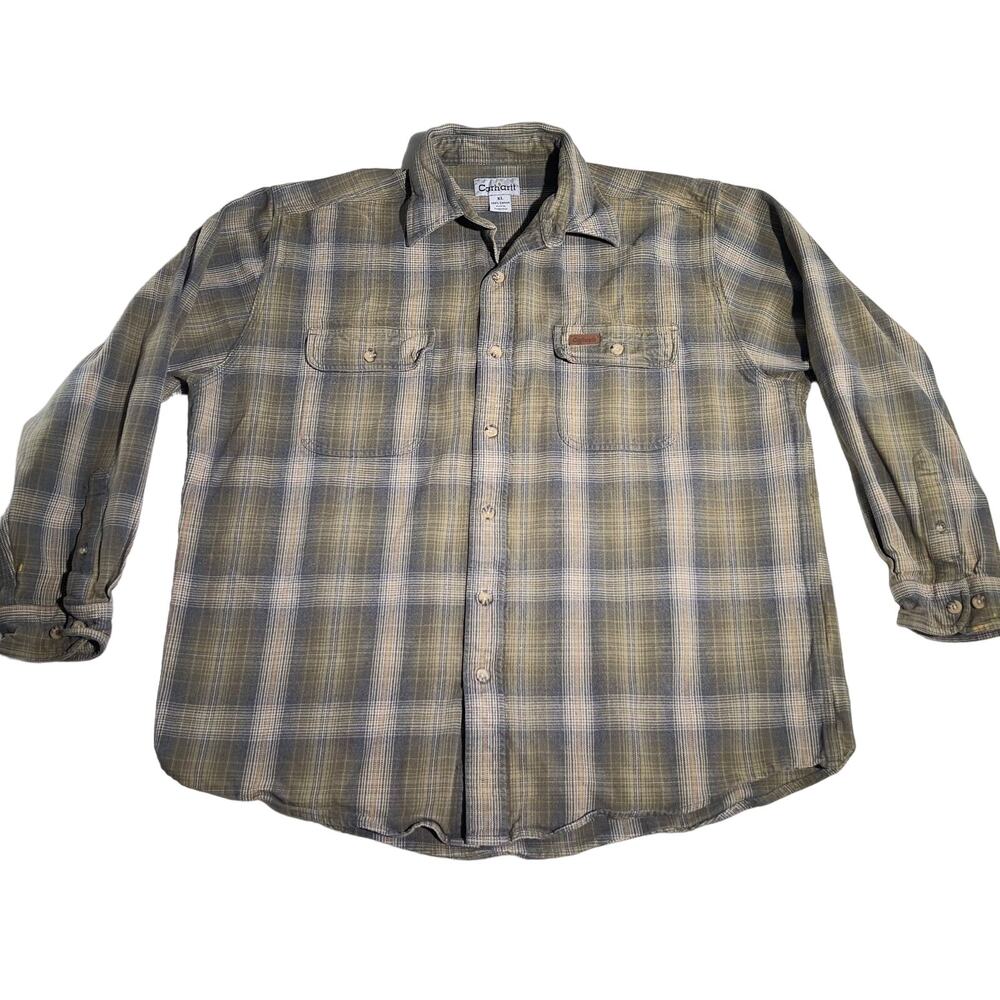 Carhartt Work Shirt S145 Men's Reg XL Heavyweight Flannel Button Green Grey